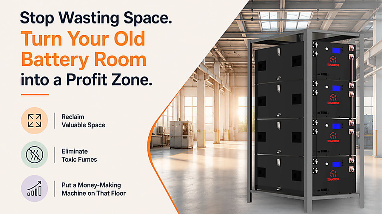 A small Tranzitor lithium battery cabinet sitting neatly in the corner of a factory, freeing up a massive amount of floor space for new production machines