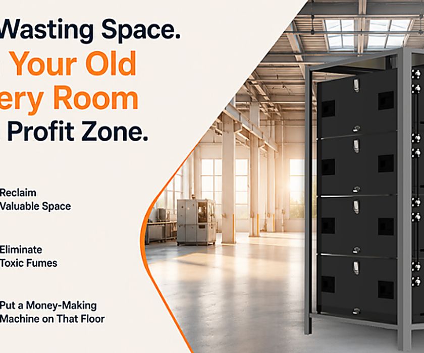 A small Tranzitor lithium battery cabinet sitting neatly in the corner of a factory, freeing up a massive amount of floor space for new production machines