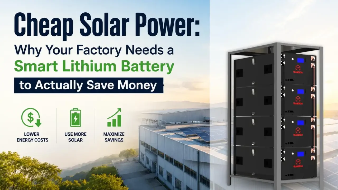 Factory roof with cheap solar panels connected to a Tranzitor lithium battery for clean and affordable evening power.