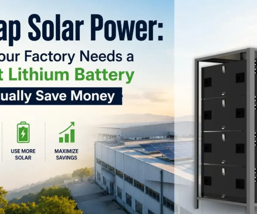 Factory roof with cheap solar panels connected to a Tranzitor lithium battery for clean and affordable evening power.