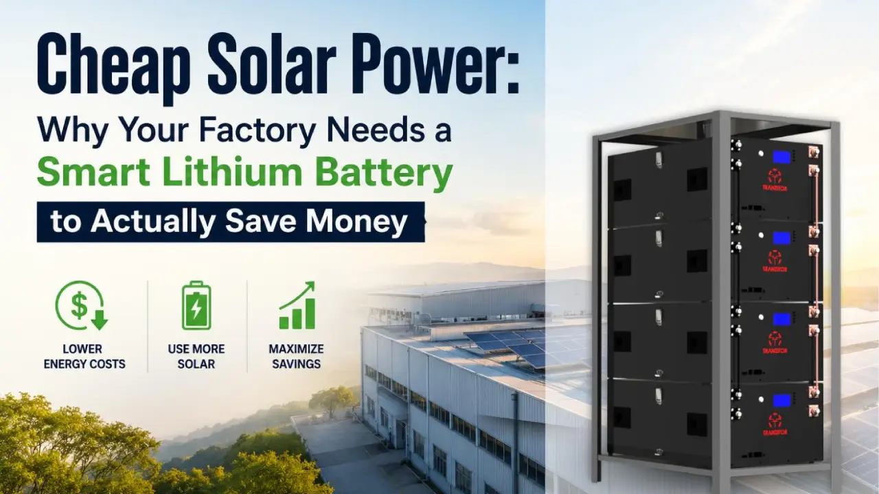 Factory roof with cheap solar panels connected to a Tranzitor lithium battery for clean and affordable evening power.